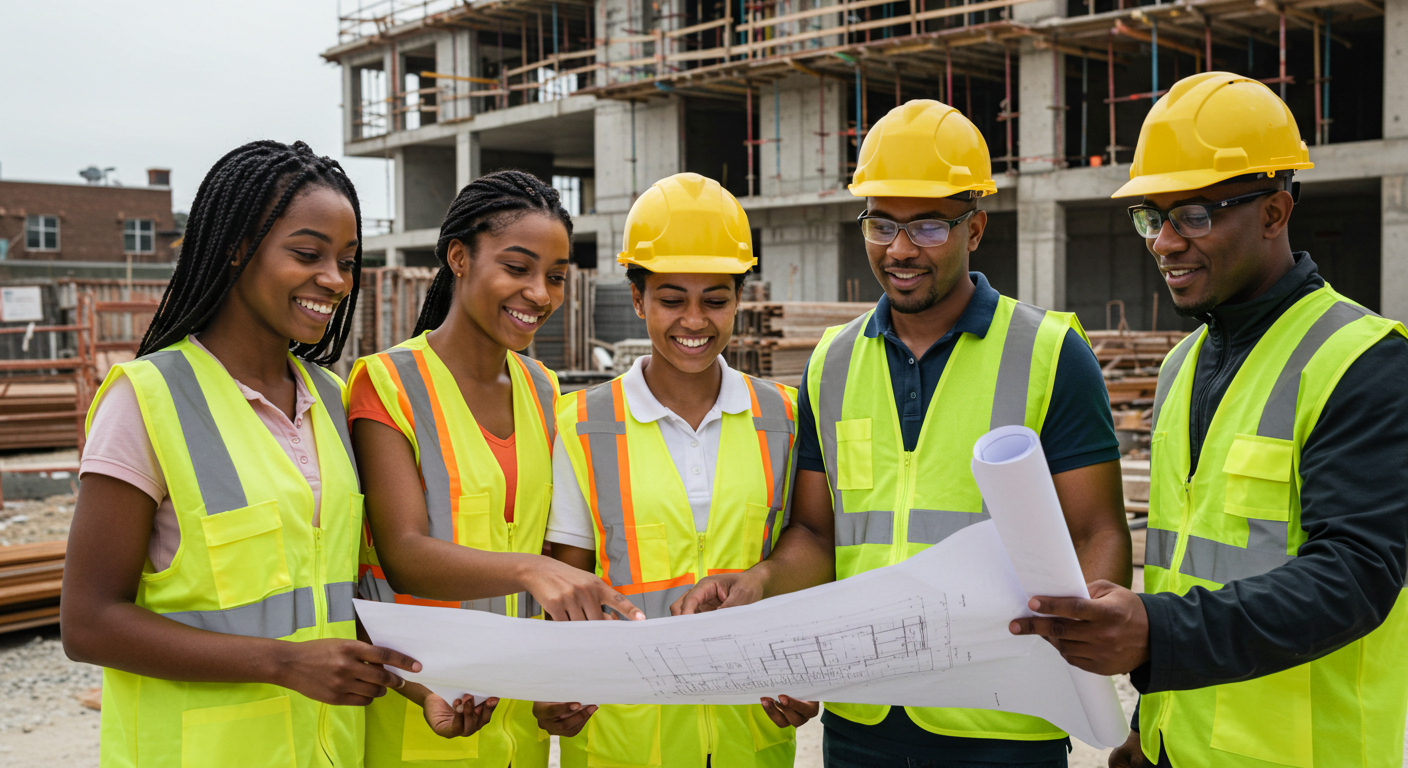Estimating team reviewing blueprints on site